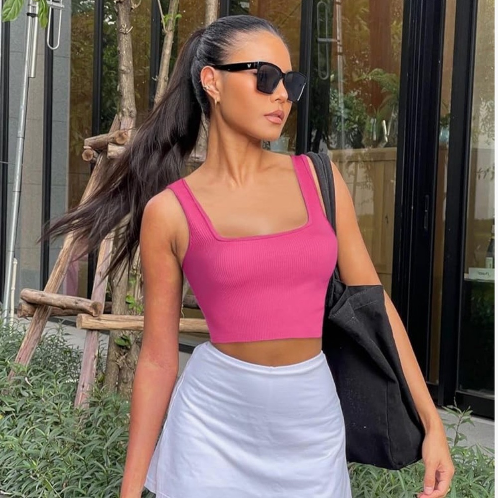 Square-Neck Ribbed Camisole — Pink